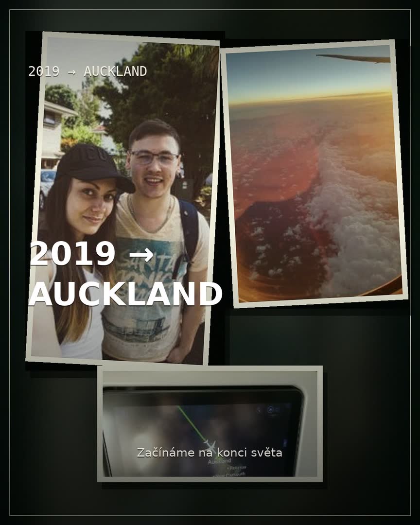 Koláž archivních fotografií Víti a Terky: křídlo letadla, mapa letu do Aucklandu, společné selfie, Sky Tower a noční město.