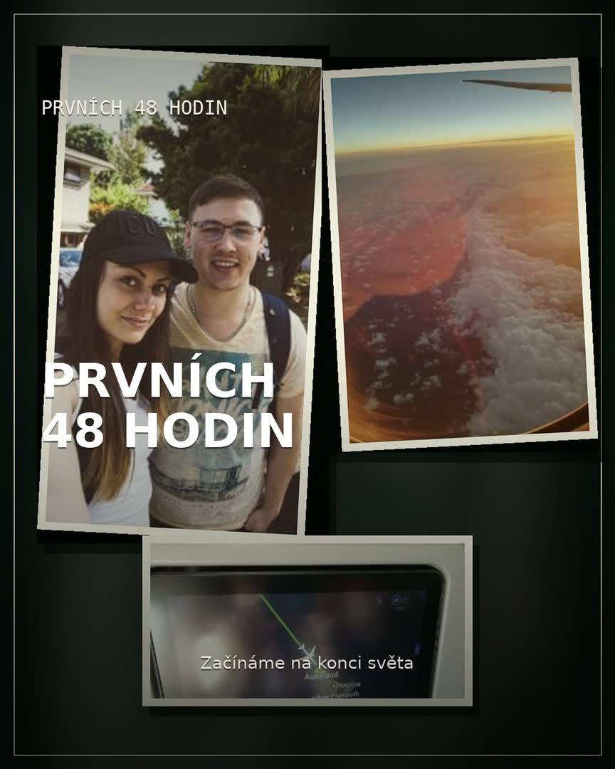 Devítidílný camera-roll Víti a Terky: letadlo, mapa letu, selfie, první ulice a Auckland během prvních 48 hodin.