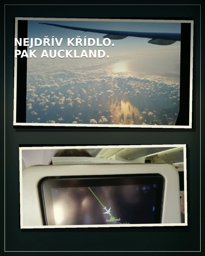 Devítidílný camera-roll Víti a Terky: letadlo, mapa letu, selfie, první ulice a Auckland během prvních 48 hodin.