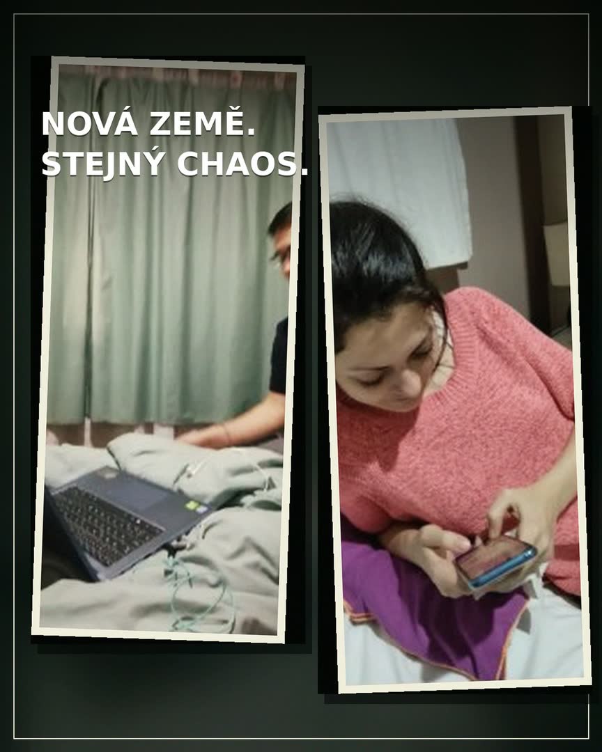 Devítidílný camera-roll Víti a Terky: letadlo, mapa letu, selfie, první ulice a Auckland během prvních 48 hodin.