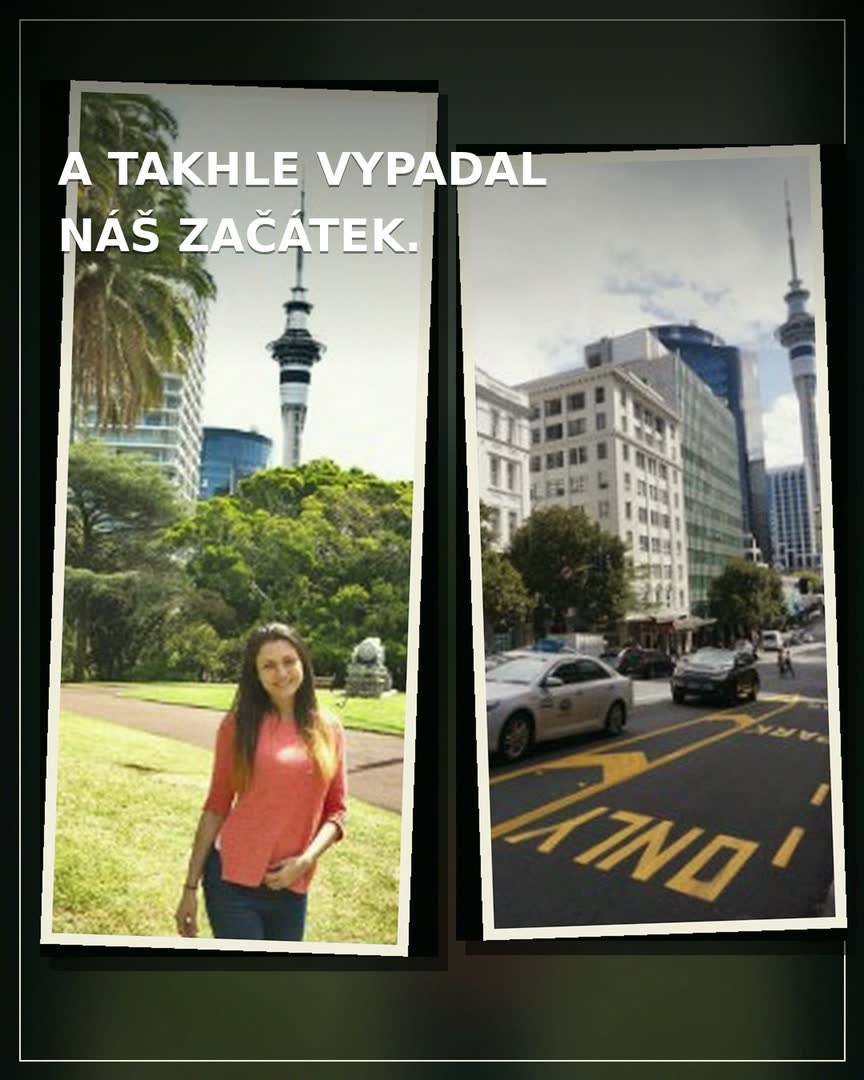 Devítidílný camera-roll Víti a Terky: letadlo, mapa letu, selfie, první ulice a Auckland během prvních 48 hodin.