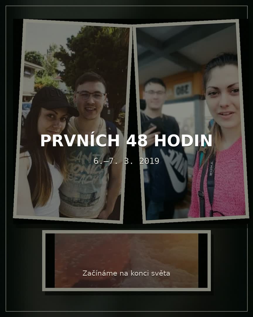 Devítidílný camera-roll Víti a Terky: letadlo, mapa letu, selfie, první ulice a Auckland během prvních 48 hodin.