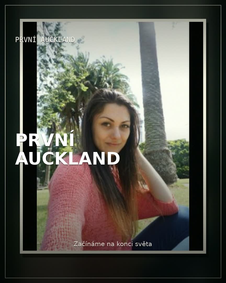 Rychlá osobní koláž Víti a Terky v Aucklandu: mural, selfie pod Sky Tower, portréty v parku a noční světla.