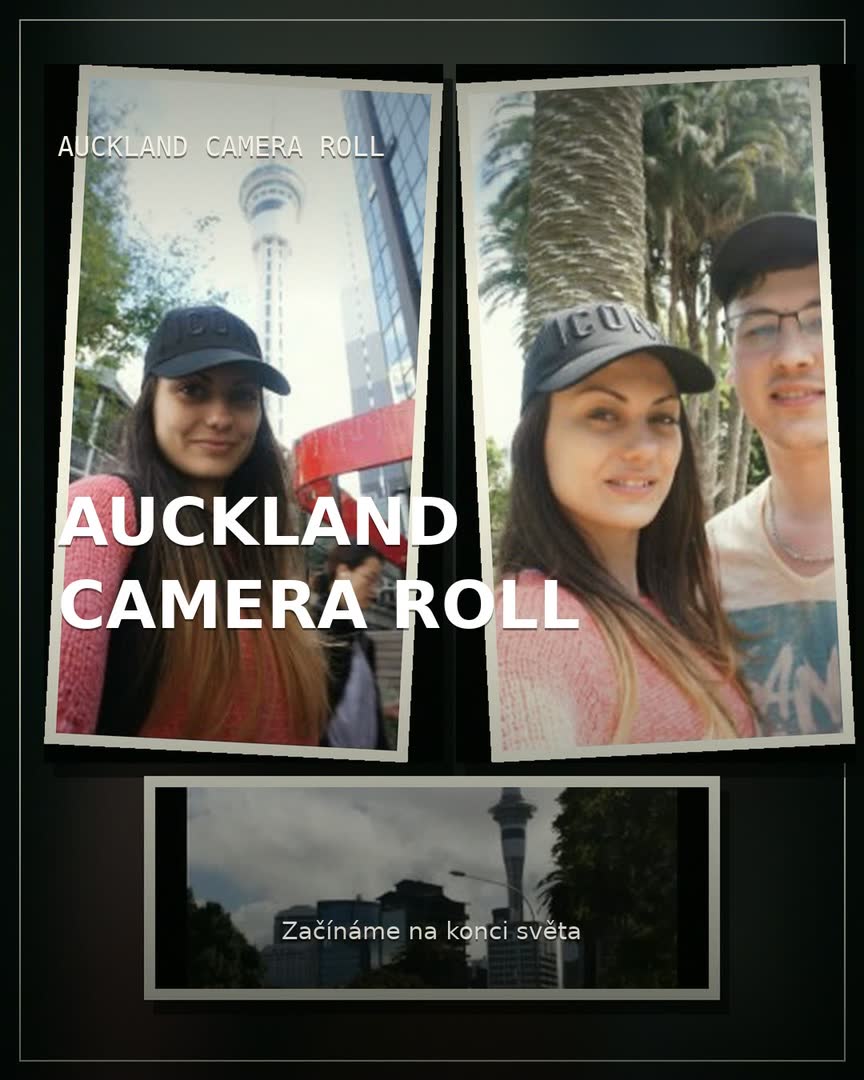 Devítidílný osobní carousel Víti a Terky v Aucklandu: mural, Sky Tower, společná selfie, park, dezert a noční světla.