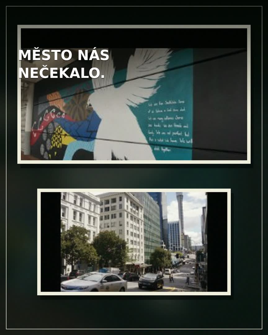 Devítidílný osobní carousel Víti a Terky v Aucklandu: mural, Sky Tower, společná selfie, park, dezert a noční světla.