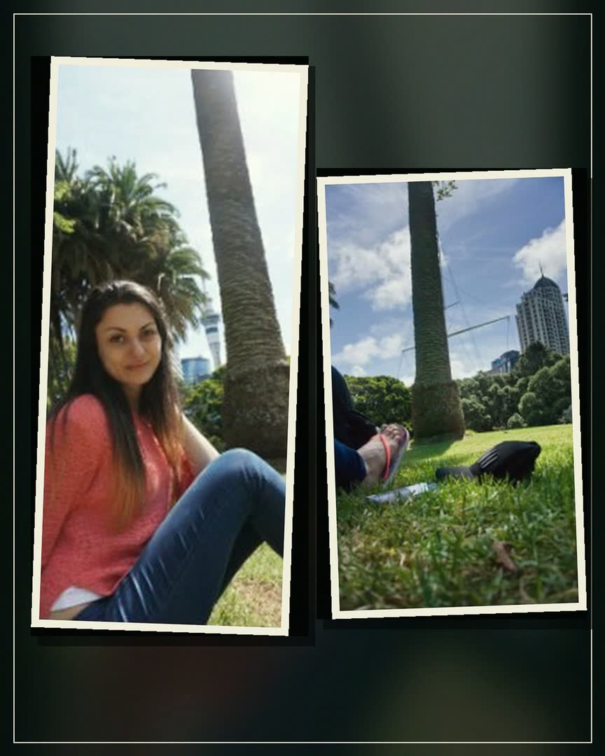 Devítidílný osobní carousel Víti a Terky v Aucklandu: mural, Sky Tower, společná selfie, park, dezert a noční světla.