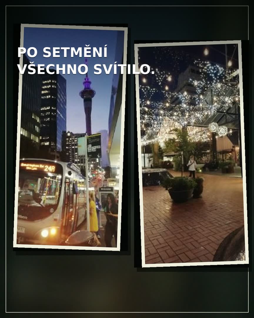 Devítidílný osobní carousel Víti a Terky v Aucklandu: mural, Sky Tower, společná selfie, park, dezert a noční světla.